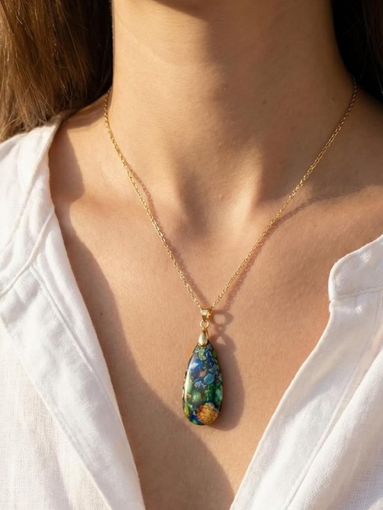Anthropologie Jewelry - Anthropologie Gold Teardrop Pendant with Blue, Green & Yellow Inlay